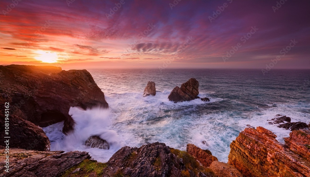 Sunset Over a Rocky Coastline With Dramatic Cliffs and Crashing Ocean Waves, Captured With Vibrant Orange and Pink Skies for a Stunning Seaside Nature Landscape Sunset Over a Rocky Coastline With Dramatic Cliffs and Crashing Ocean Waves, Captured With Vibrant Orange and Pink Skies for a Stunning Seaside Nature Landscape