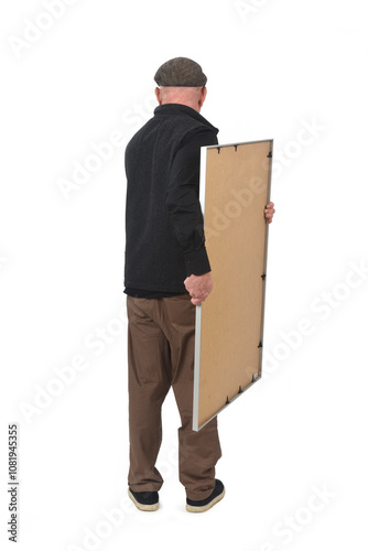 back view of a man holding a frame on white background