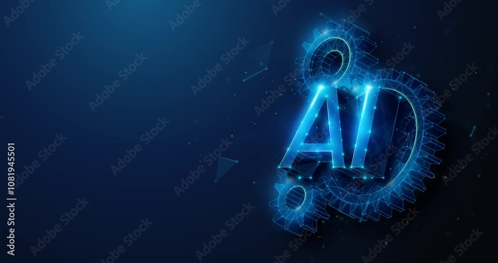 Abstract animated low poly AI floating over spinning gears. Artificial intelligence service setup, tech support and maintenance concept by wireframe mesh. 4K looped motion graphic on blue background
