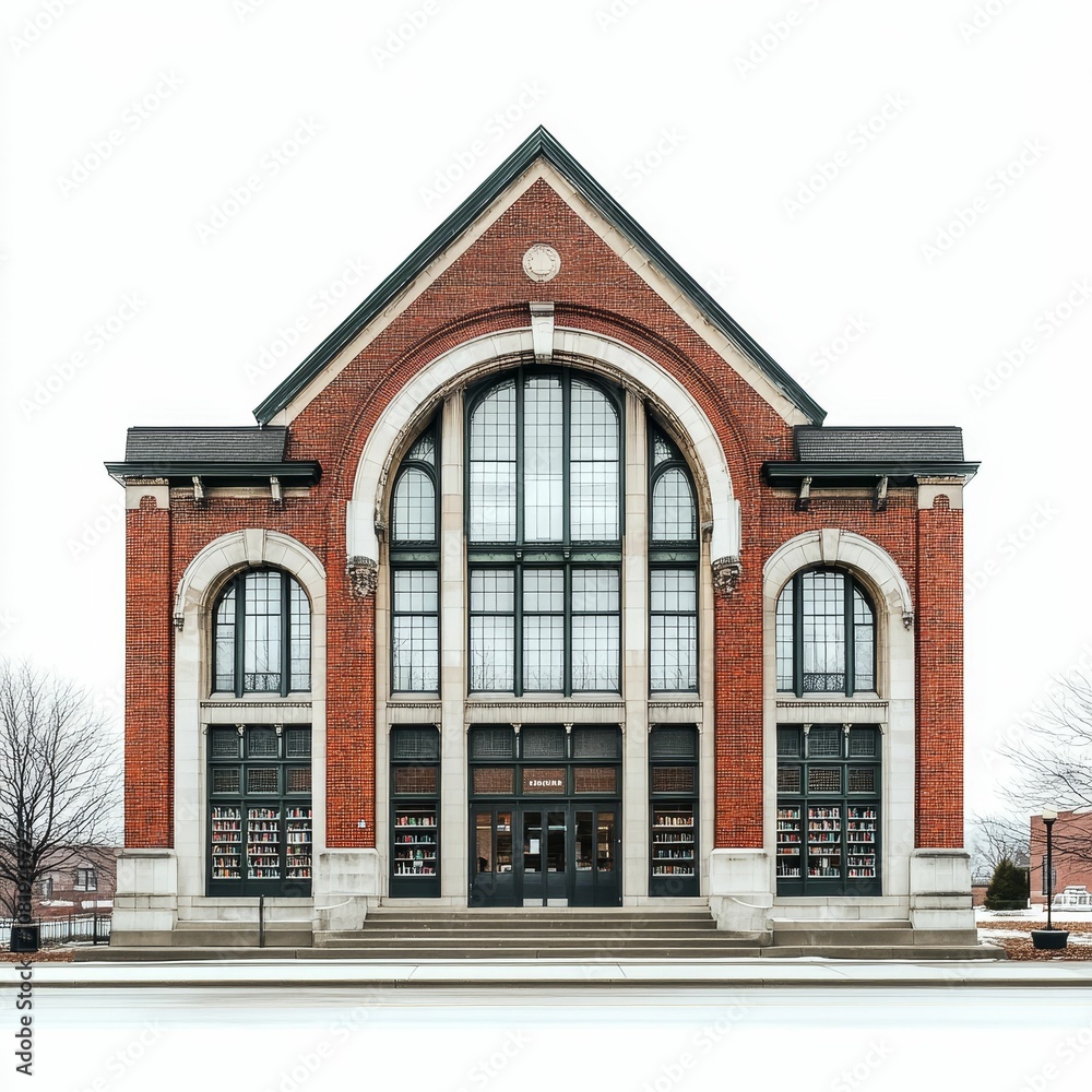 Fototapeta premium Brick building with large windows and a door.
