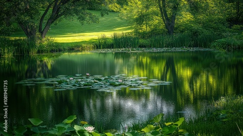 A Tranquil Pond with Water Lilies and Green Reflections