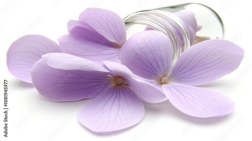 Delicate Lilac Flower Petals Scattered Near a Glass Jar Delicate Lilac Flower Petals Scattered Near a Glass Jar