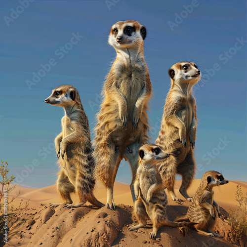 Photorealistic Meerkat Family on Sandy Hill in Golden Desert