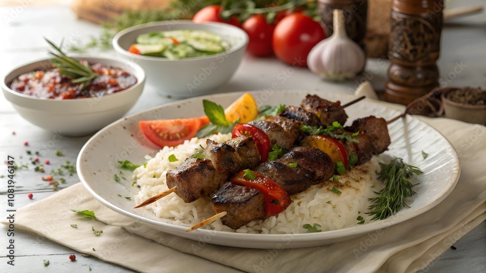 Lamb kebab with grilled vegetables and tzatziki sauce Lamb kebab with grilled vegetables and tzatziki sauce