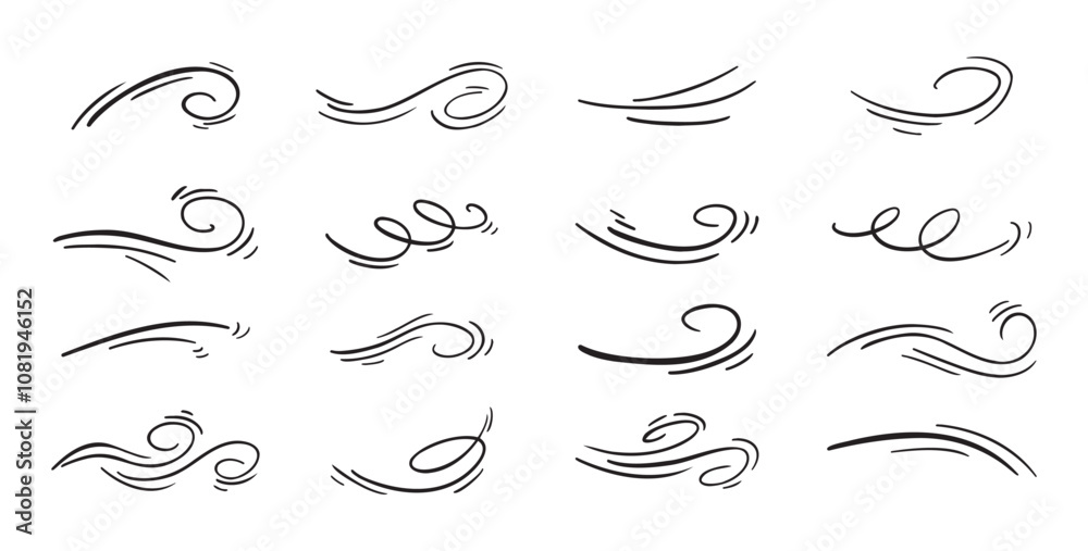 Doodle wind line sketch set. Hand drawn doodle wind air blow, swirl elements. Doodle wind line sketch set. Hand drawn doodle wind air blow, swirl elements.