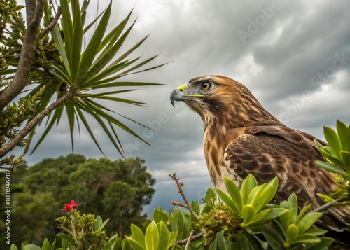 Stunning Double Exposure of a Red Tailed Hawk Nestled Among Vibrant Plant Life in Florida's Nature, Capturing the Essence of Wildlife in a Close-Up Perspective photo