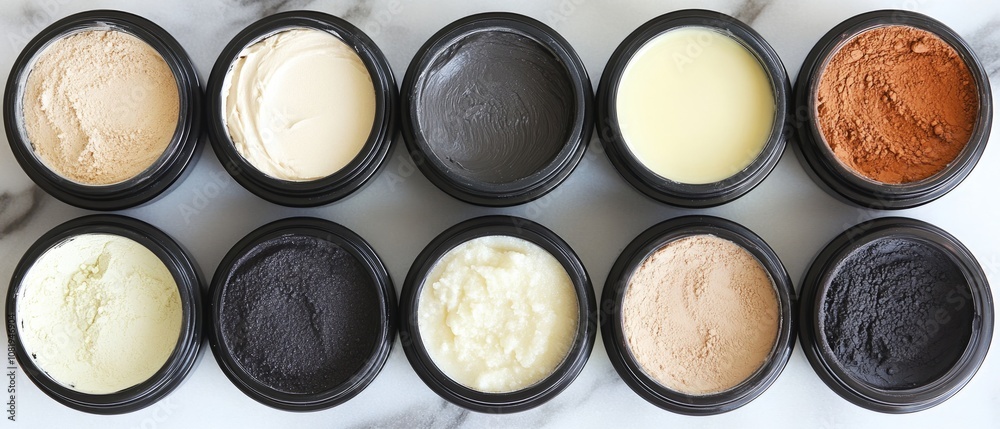 A collection of ten natural cosmetic creams in round black jars, arranged on a marble surface, offering a wide range of colors and textures for skincare applications A collection of ten natural cosmetic creams in round black jars, arranged on a marble surface, offering a wide range of colors and textures for skincare applications