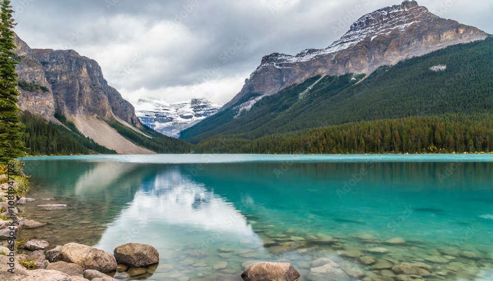 Naklejka premium The Serene Landscapes of Banff National Park in Canada, Surrounded by the Majestic Rocky Mountains, Crystal-Clear Lakes, and Abundant Wildlife, Offering a Perfect Escape Into Nature