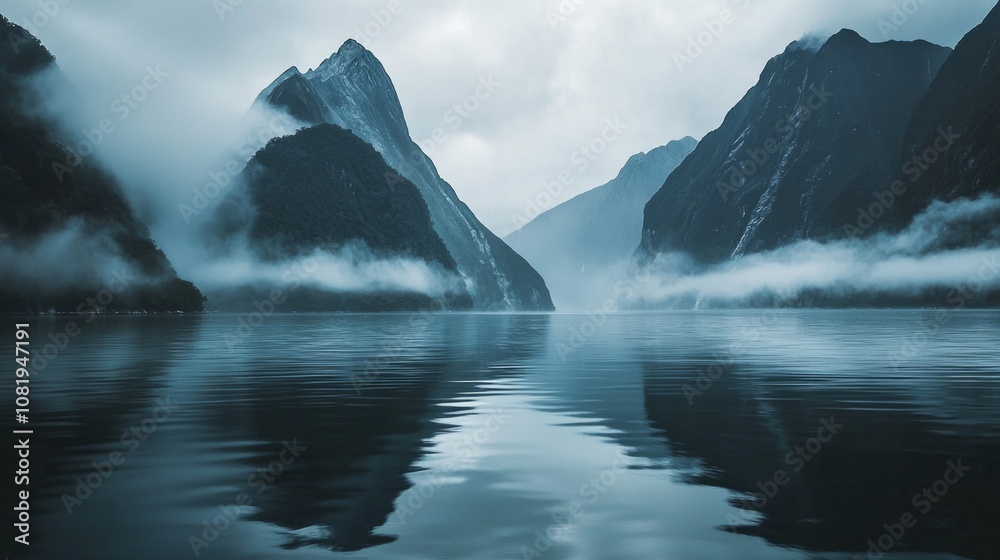 Misty mountains reflecting in calm waters of a secluded fjord during a cloudy day Misty mountains reflecting in calm waters of a secluded fjord during a cloudy day
