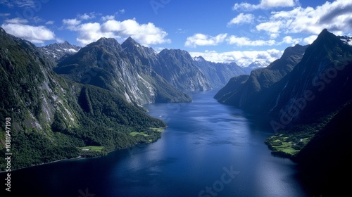 Stunning view of a tranquil fjord surrounded by majestic mountains in New Zealand under a clear blue sky on a sunny day