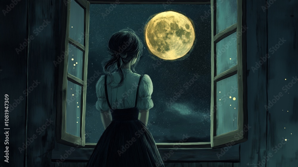 Illustration oil painting, fairy tale style, girl is looking at the moon in the night sky through the window Illustration oil painting, fairy tale style, girl is looking at the moon in the night sky through the window