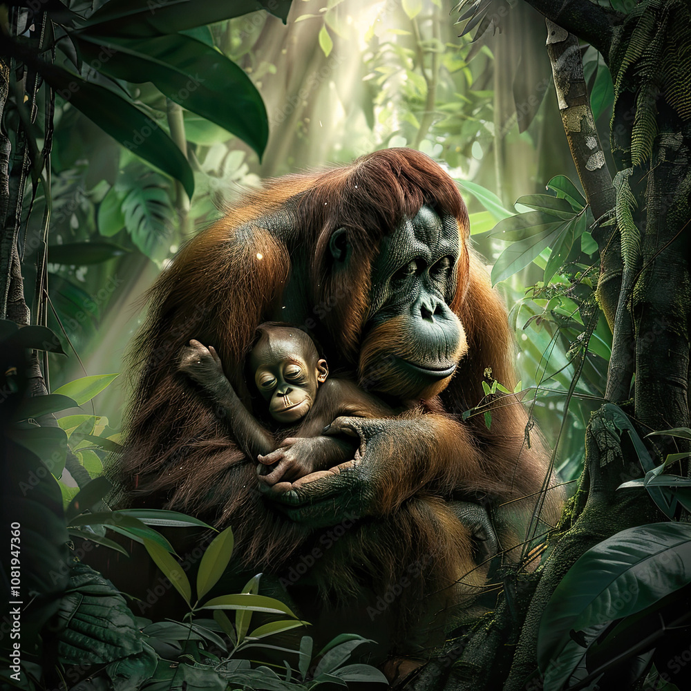 Obraz premium Orangutan Mother with Baby in Rainforest Canopy – Wildlife Scene
