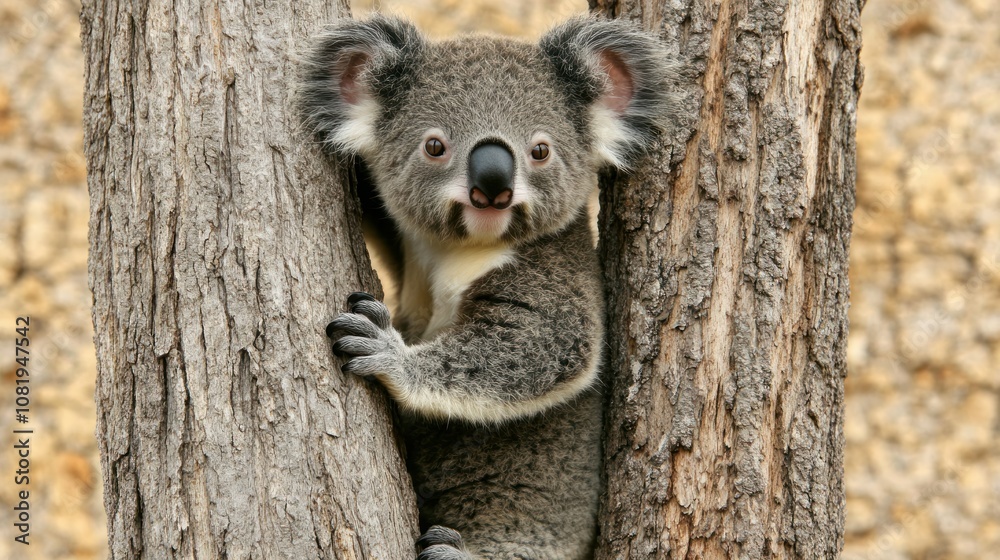 Obraz premium A Koala Bear Peeking from Behind a Tree Trunk