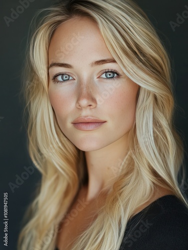 28-year-old blonde woman with long hair, blue eyes, and a small scar on her face, looking softly at the camera, minimal makeup