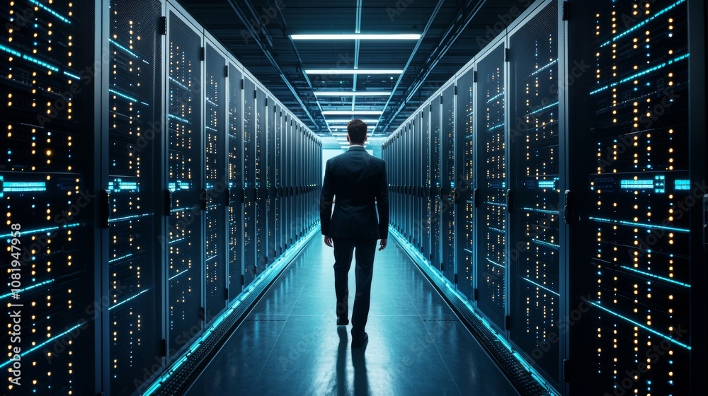 A silhouette of a person standing in a data center, surrounded by towering server racks illuminated by blue lighting. A silhouette of a person standing in a data center, surrounded by towering server racks illuminated by blue lighting.