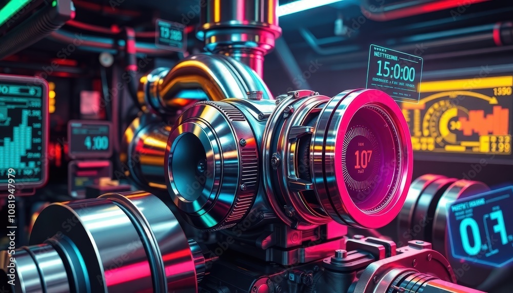 Cyberpunk Engine Close-up: A vibrant, stylized close-up shot of a futuristic engine, pulsating with neon lights and intricate details.  The image evokes a sense of high-tech power and innovation. 