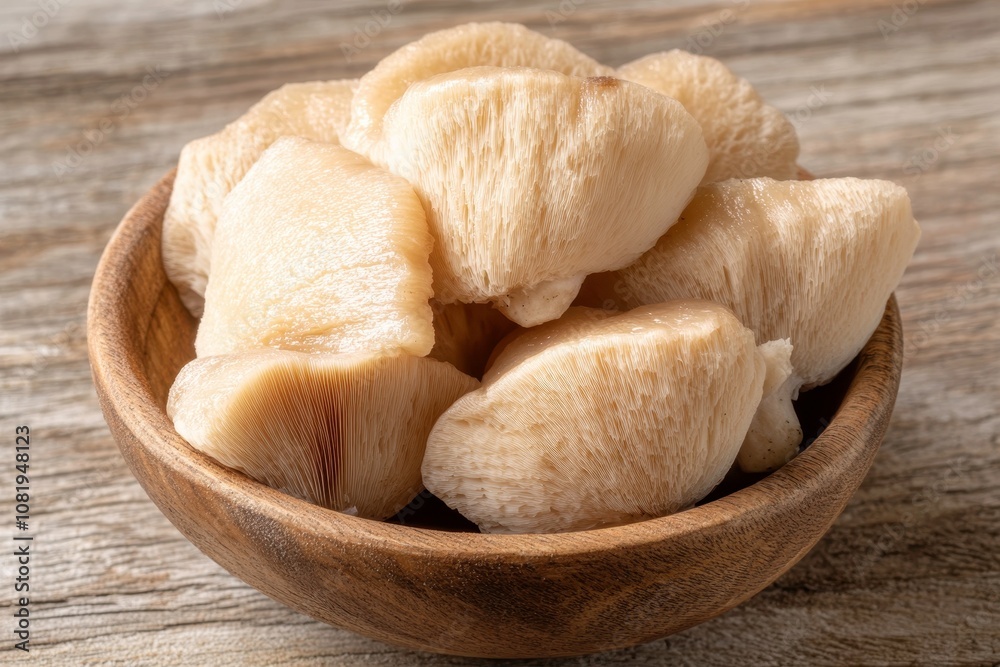 Sliced Lion's Mane Mushrooms in Wooden Bowl Sliced Lion's Mane Mushrooms in Wooden Bowl