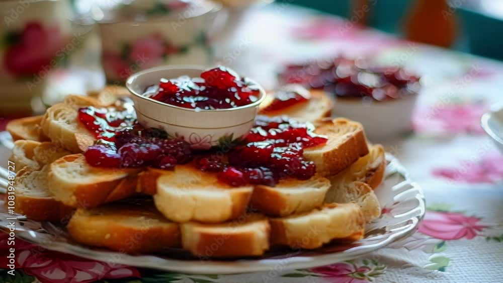 Toasted baguette slices topped with jelly are arranged on a plate, ready to be enjoyed as part of a delightful tea or breakfast gathering Toasted baguette slices topped with jelly are arranged on a plate, ready to be enjoyed as part of a delightful tea or breakfast gathering