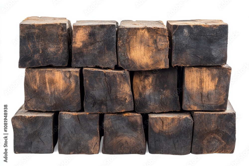 Stack of weathered wooden logs on white background.