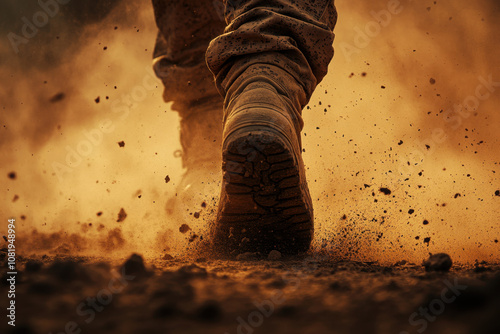 angry and stress and energy. A close-up of a rugged boot making its way through dusty terrain, sending up clouds of dust in a dynamic outdoor setting. photo