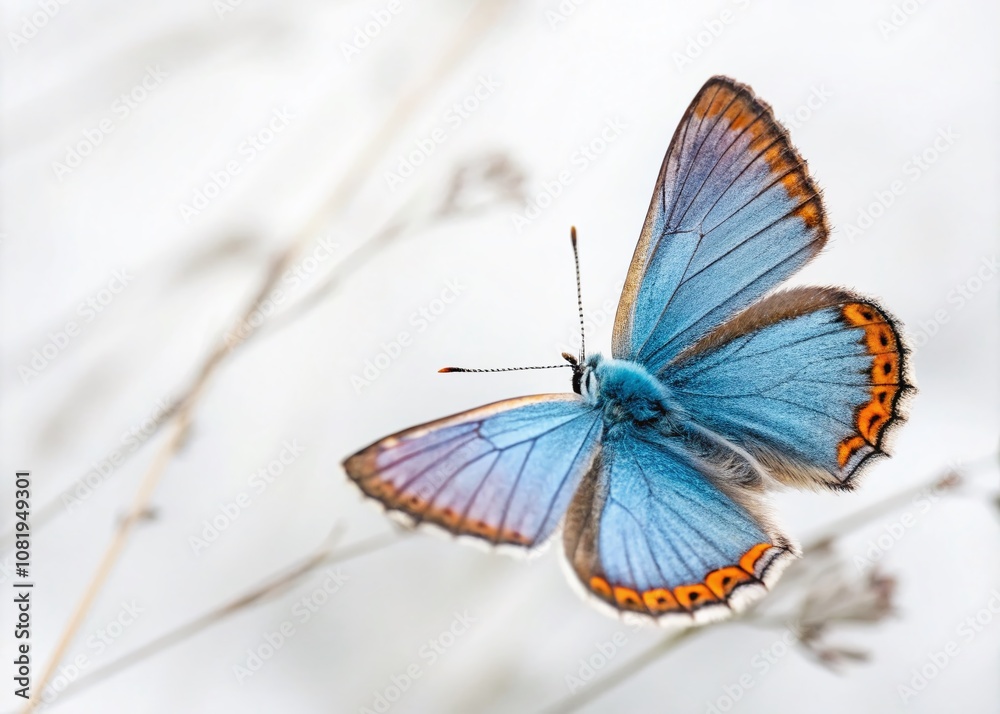 Obraz premium Stunning Low Light Capture of a Beautiful Blue-Orange Butterfly in Flight Isolated on a Crisp White Background for Nature and Wildlife Photography Enthusiasts