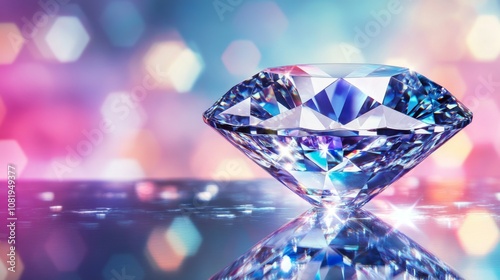 Beautiful Diamond on Reflective Surface with Colorful Bokeh Background, Sparkling Gemstone Captured in Glorious Light and Artistic Design for Luxury and Elegance Themes photo