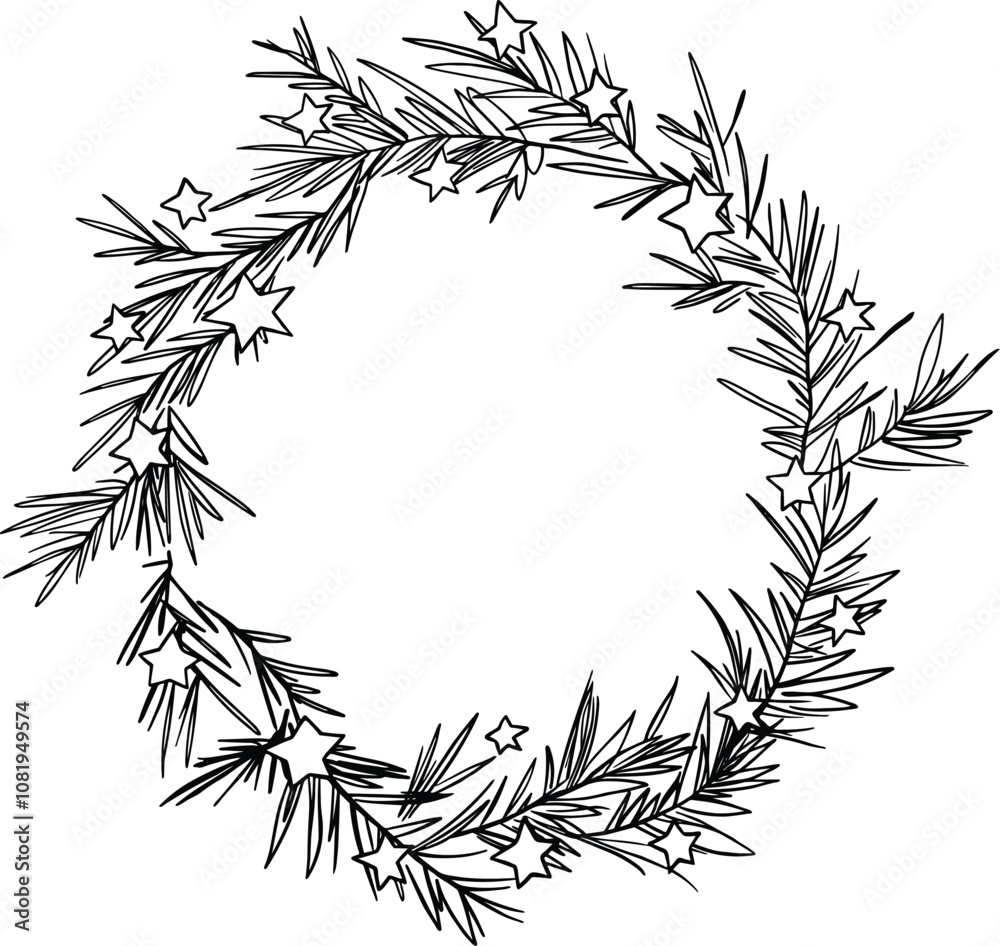 Obraz premium Christmas Wreath pine branches with stars. Black and white doodle sketch. Isolated Vector illustration, Coloring.