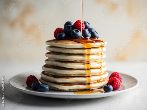 Delicious pancakes with syrup being poured on top with blueberries and raspberries over a blurred background. photo