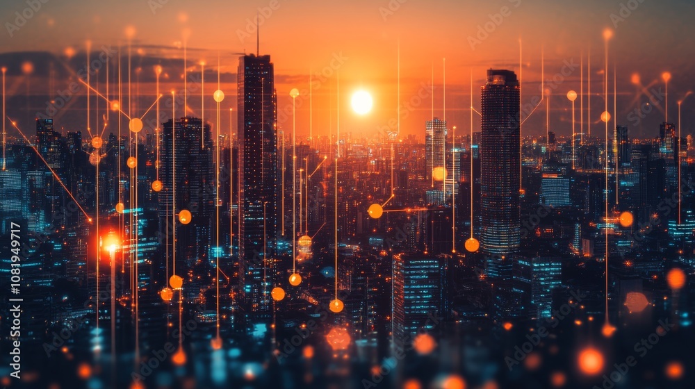 Fototapeta premium A smart city concept with high-rise buildings and futuristic urban infrastructure, focusing on sustainable development and advanced city planning