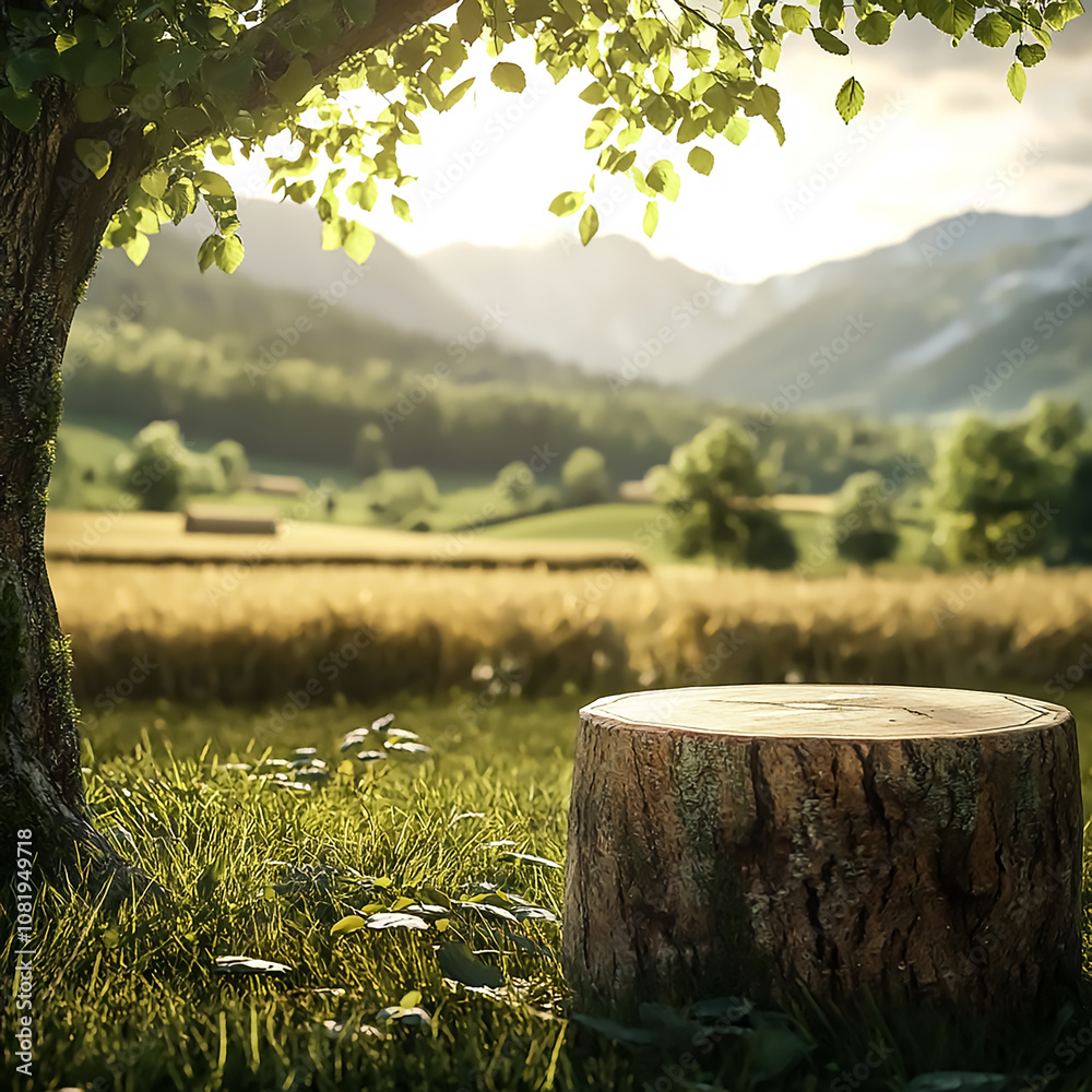 Natural Beauty Product Display on Wooden Tree Stump Podium in Lush Green Meadow with Sunlit Landscape and Distant Mountains Natural Beauty Product Display on Wooden Tree Stump Podium in Lush Green Meadow with Sunlit Landscape and Distant Mountains