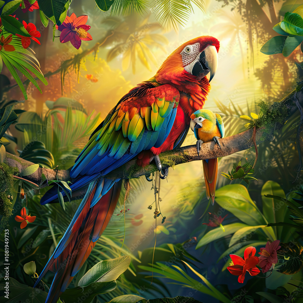 Obraz premium Mother Macaw with Chick in Rainforest Canopy – Wildlife Art