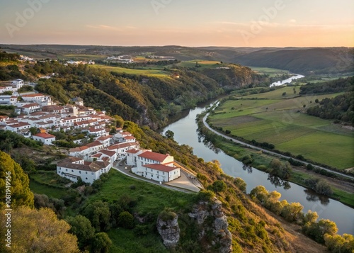 Stunning Macro View of Odeceixe Village with Traditional White Houses Overlooking the Rio Seixe River and Lush Green Fields in Alentejo, Portugal photo