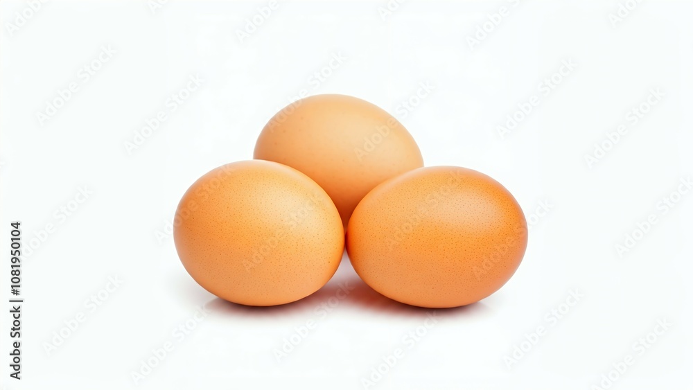 Three brown eggs on a white background. Three brown eggs on a white background.