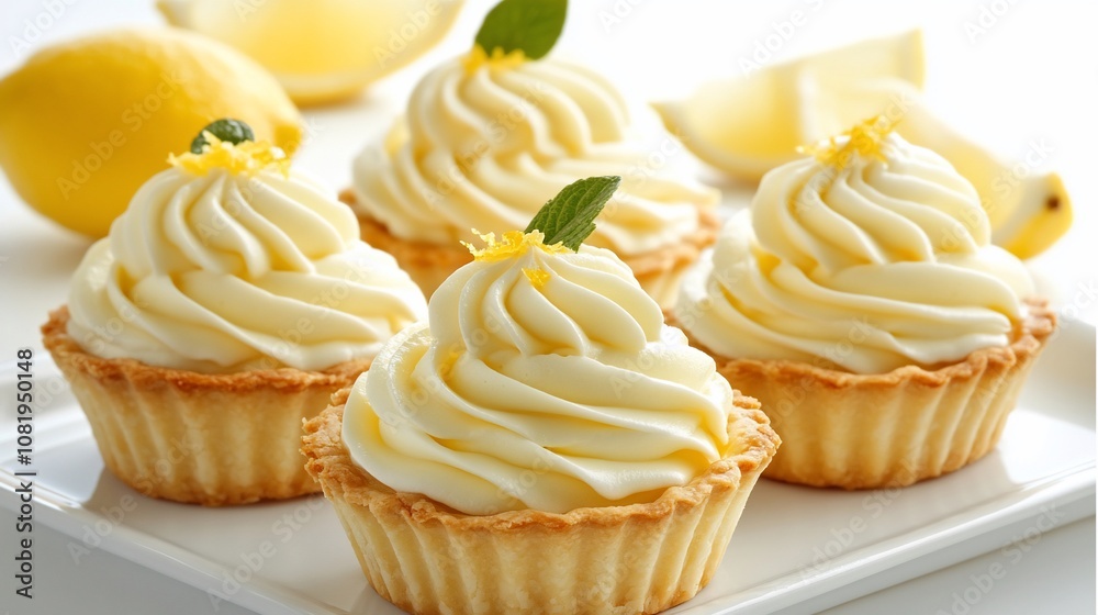 Four lemon tarts with whipped cream and lemon zest on white plate. Four lemon tarts with whipped cream and lemon zest on white plate.