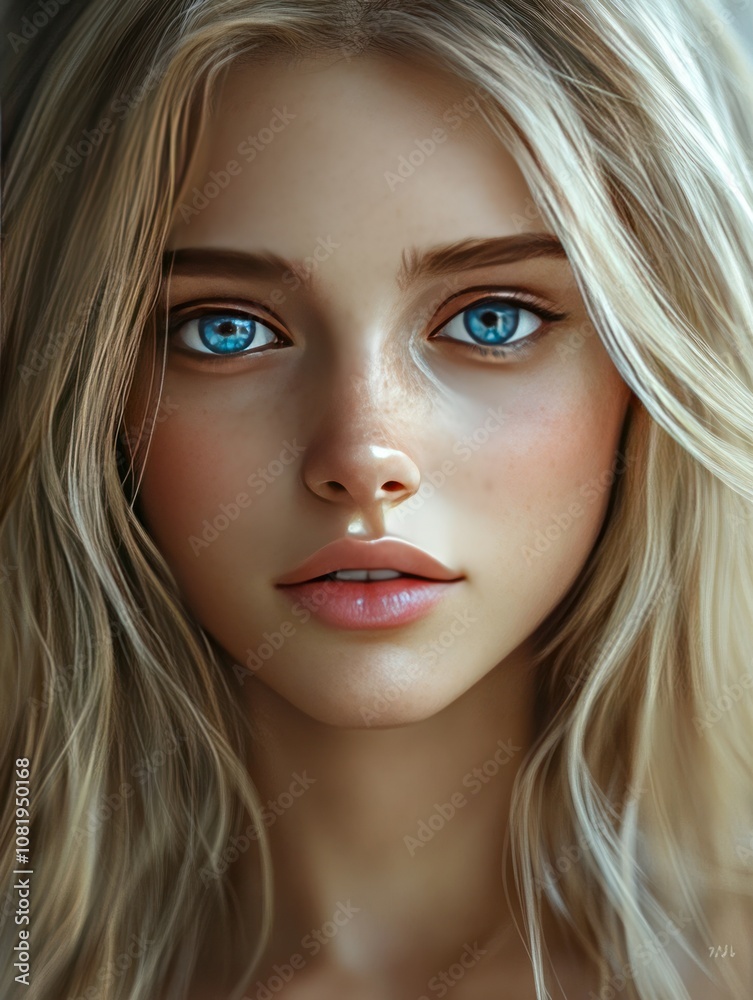 A young woman with bright blue eyes, long blonde hair, light makeup, and a faint scar on her cheek, cute yet confident expression A young woman with bright blue eyes, long blonde hair, light makeup, and a faint scar on her cheek, cute yet confident expression