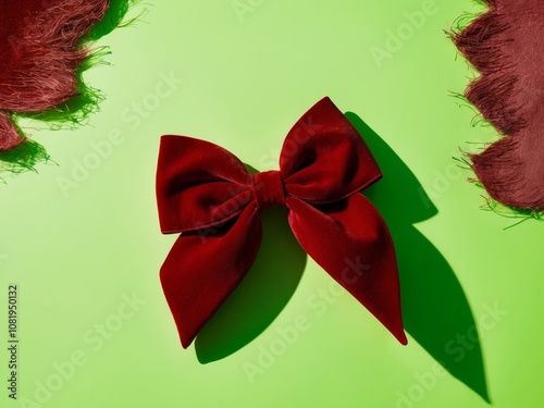 Elegant red velvet bow is decorating a green background. photo