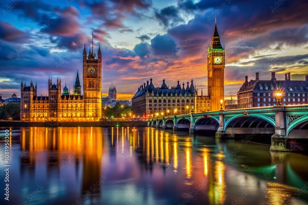 Fototapeta premium Stunning Night Photography of Big Ben Illuminated Against the London Skyline, Capturing the Majestic Clock Tower in All Its Glory, Perfect for Travel and Architectural Themes