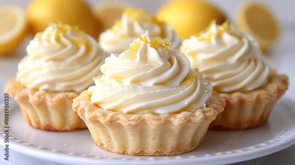 Close-up of three mini lemon tarts with whipped cream and lemon zest on a white plate, with lemons in the background. Close-up of three mini lemon tarts with whipped cream and lemon zest on a white plate, with lemons in the background.