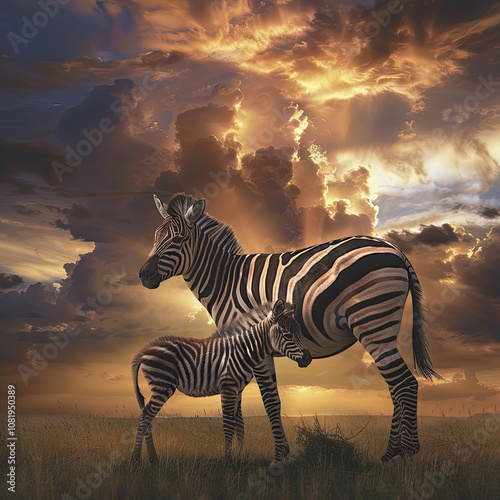 Zebra and Foal in Open Savannah Under Stormy Sky – Wildlife Art