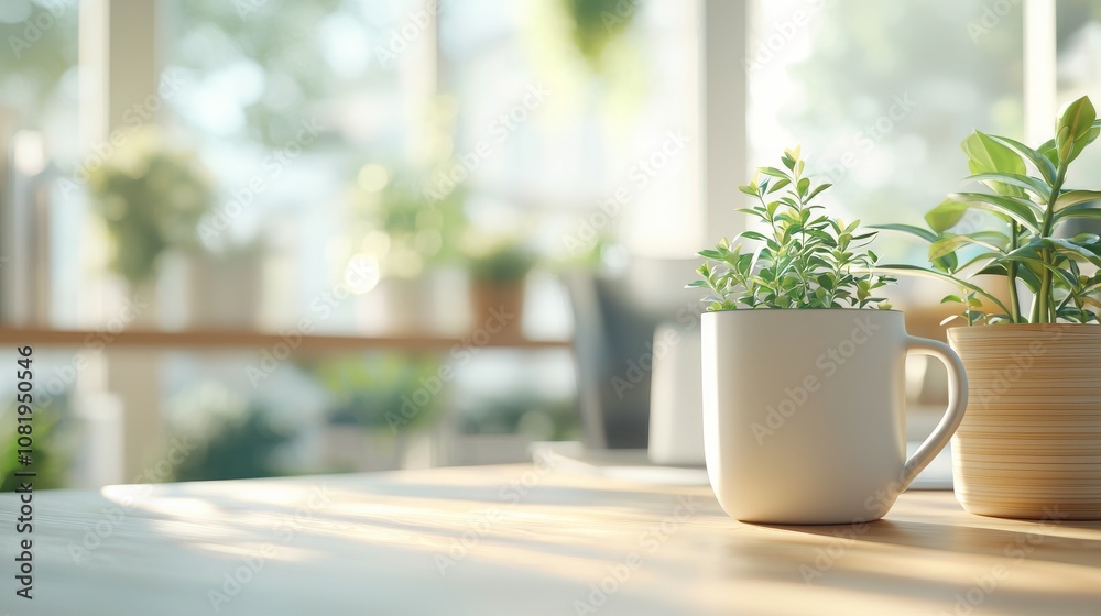 A serene indoor scene featuring potted plants in bright, sunlit surroundings on a wooden table. A serene indoor scene featuring potted plants in bright, sunlit surroundings on a wooden table.