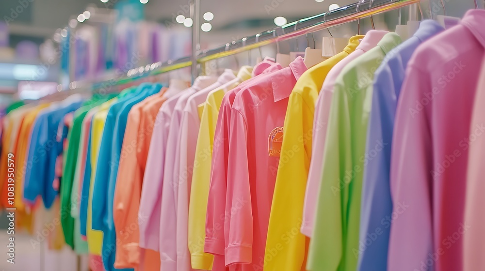 A Vibrant Display of Colorful Polo Shirts Hanging in a Modern Retail Store Showcasing Fashion and Style A Vibrant Display of Colorful Polo Shirts Hanging in a Modern Retail Store Showcasing Fashion and Style