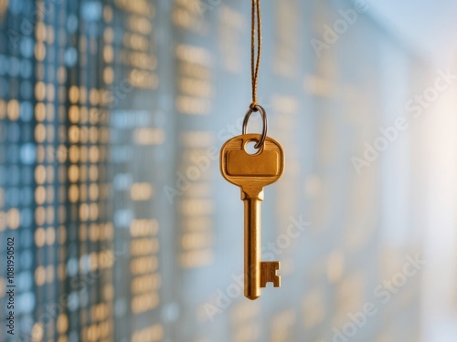 golden key hangs in blurred background of lines of code binary encryption technology copy space.