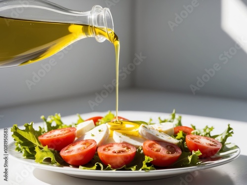 Golden liquid pouring from a bottle onto a fresh summer salad with tomatoes and mozzarella. photo