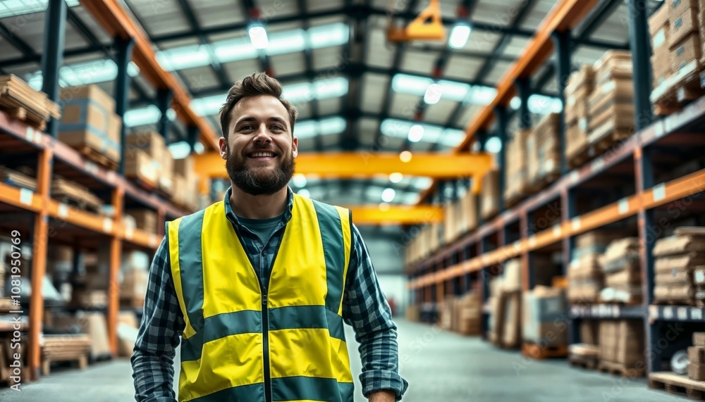 Smiling warehouse worker in a high-visibility vest standing confidently in a large, organized storage facility, representing professionalism and efficiency Smiling warehouse worker in a high-visibility vest standing confidently in a large, organized storage facility, representing professionalism and efficiency