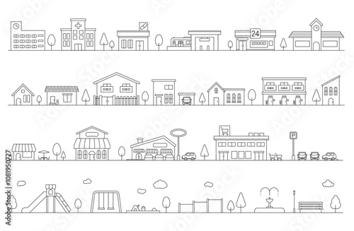 街並み・建物のベクターイラスト線画（あしらい）