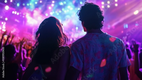 Chilean couple enjoying a concert, standing together in the center of a lively audience, with colorful stage lights and fans cheering