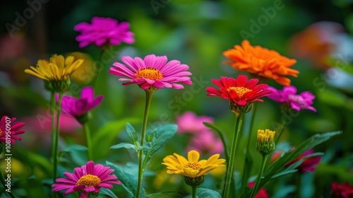 A Vibrant Display of Pink, Yellow, and Red Flowers in a Lush Green Garden