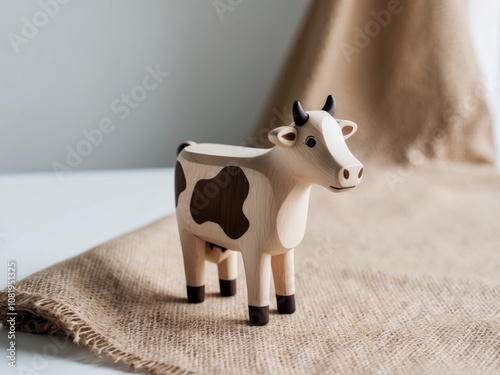 Hand carved wooden toy cow with brown spots standing on a burlap cloth. photo