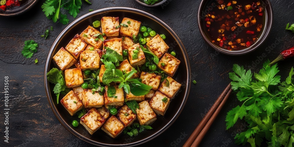 Delicious Tofu Stir-Fry with Fresh Herbs and Spicy Sauce Asian Cuisine Food Photography Dark Plate Top View Culinary Delight for Healthy Eating Delicious Tofu Stir-Fry with Fresh Herbs and Spicy Sauce Asian Cuisine Food Photography Dark Plate Top View Culinary Delight for Healthy Eating