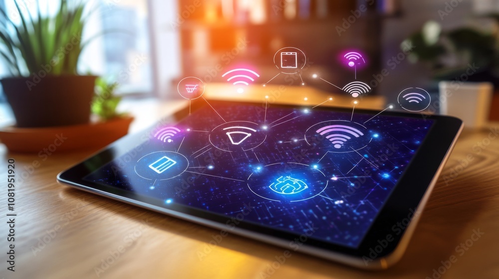 Modern Tablet Device Displaying Digital Connectivity and Network Icons with a Stylish Wooden Background for Futuristic Technology Concepts Modern Tablet Device Displaying Digital Connectivity and Network Icons with a Stylish Wooden Background for Futuristic Technology Concepts